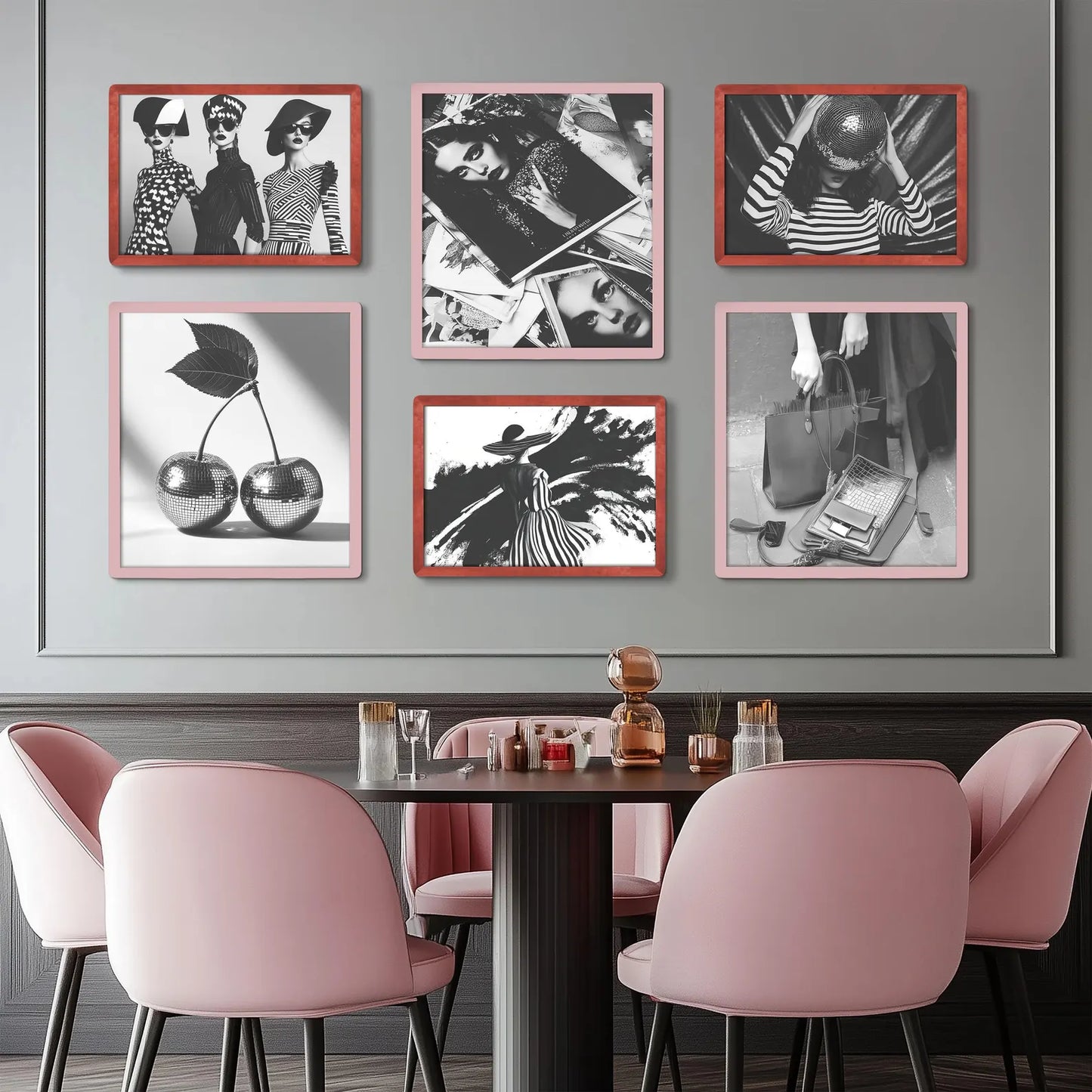 Red and pink picture frames in chic Parisian vogue home interior kitchen living room cafe