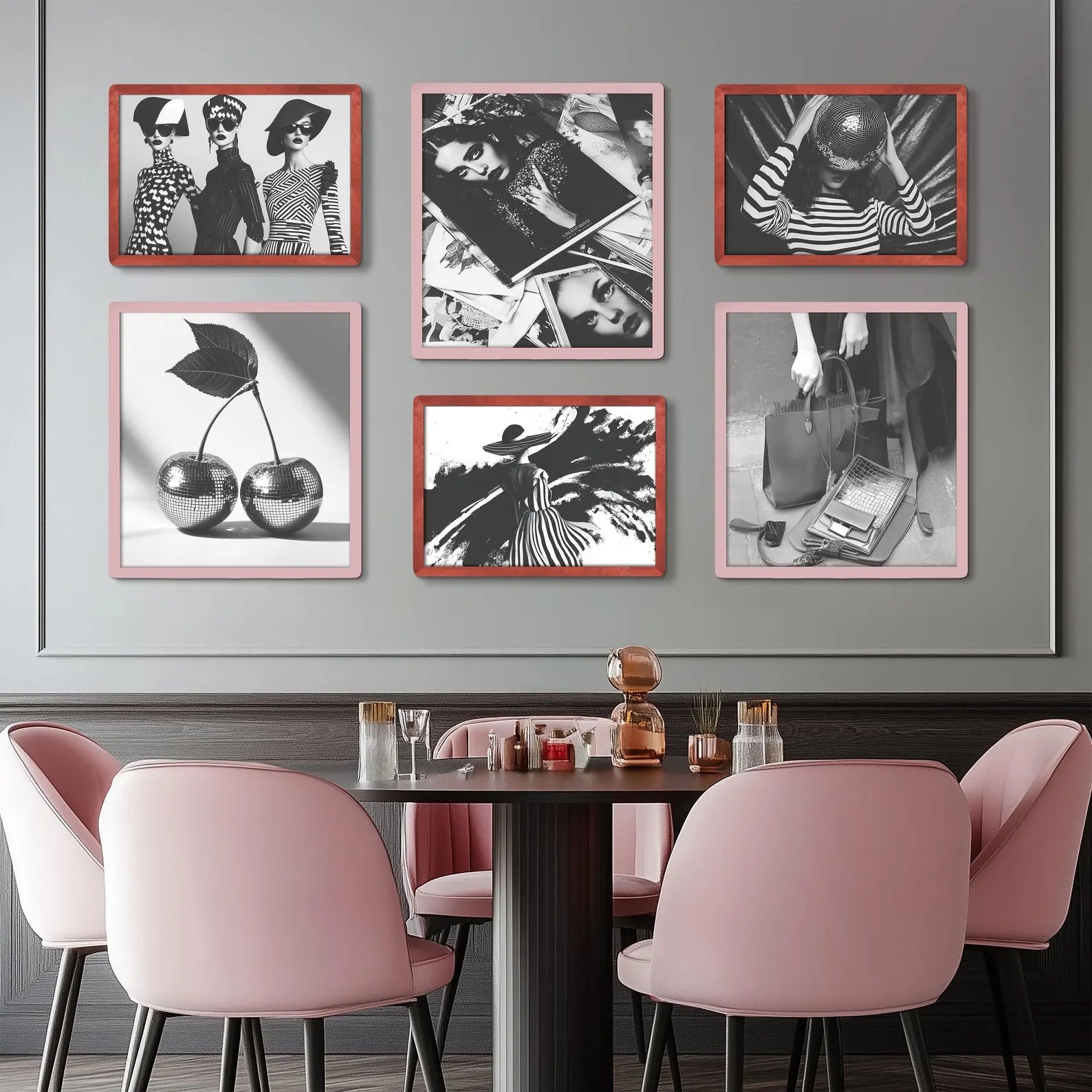 Red and pink picture frames in chic Parisian vogue home interior kitchen living room cafe