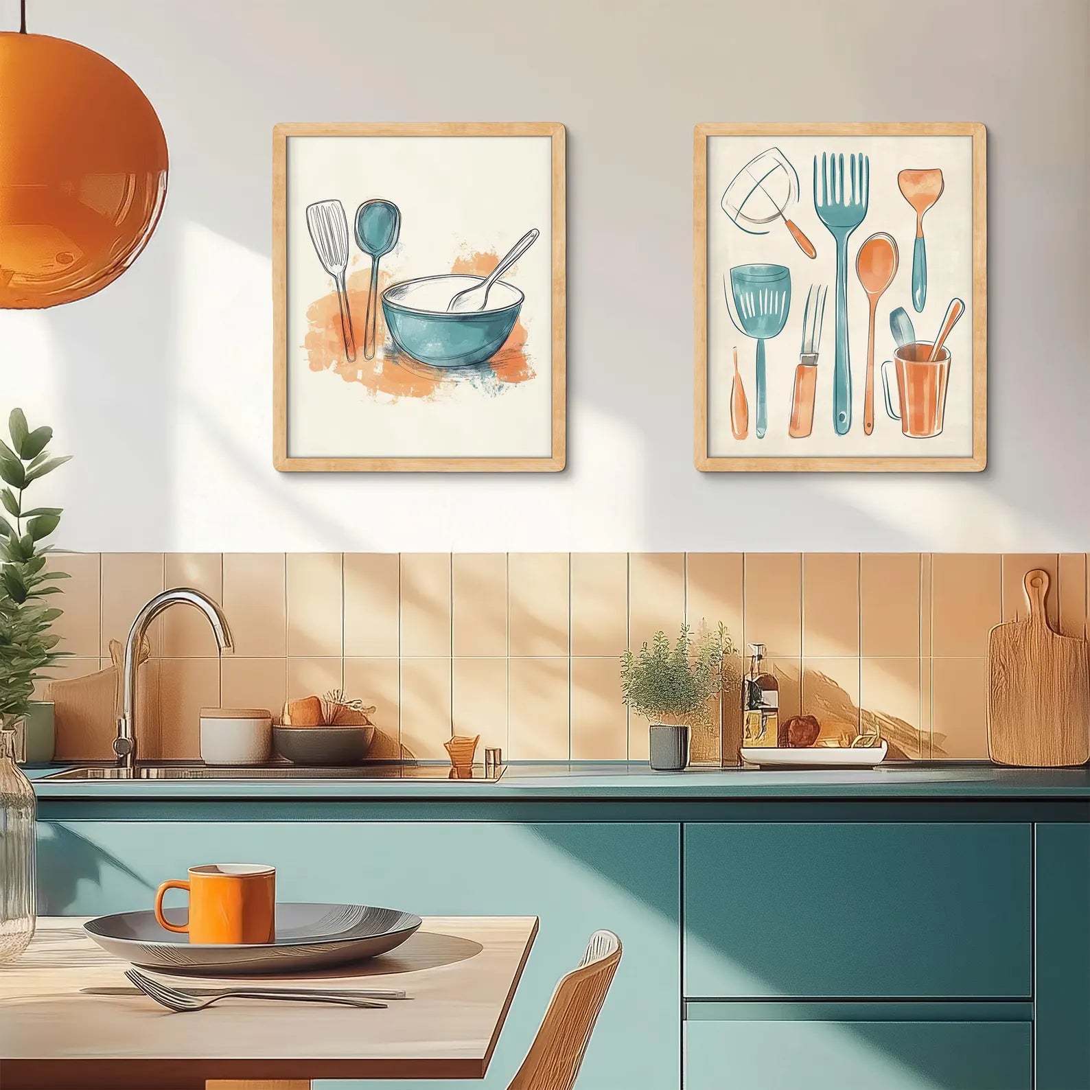 Natural hardwood picture frames in kitchen with kitchen theme of cooking and cleaning