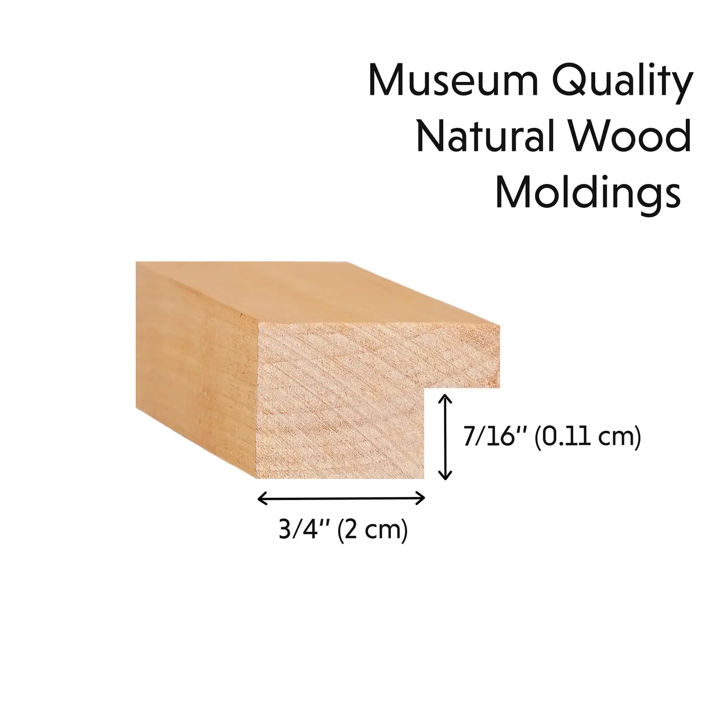 Close-up of a cutout of a wooden picture frame with text "museum quality natural wood moldings"