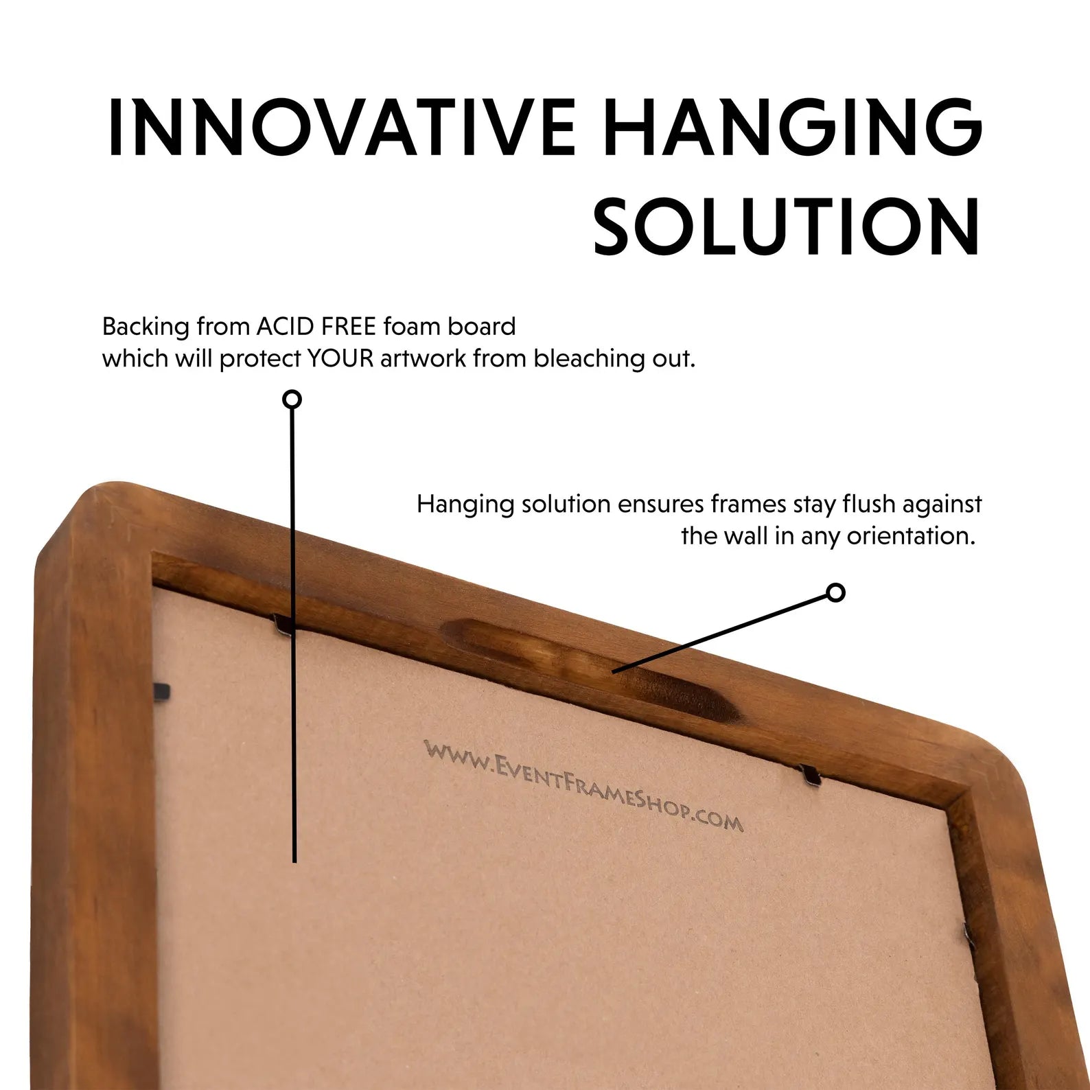 Back of a wooden picture with text "innovative hanging solution".