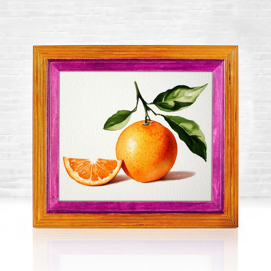 Framed artwork of an orange with a slice and leaves on a white background. Yellow + Purple Custom Frame, Two Tone Picture Frame, Family Picture Frame, Sizes A5 A4, A3, 8x10, 11x14, 11x17, 12x16, 18x24, 24x36, 10x12