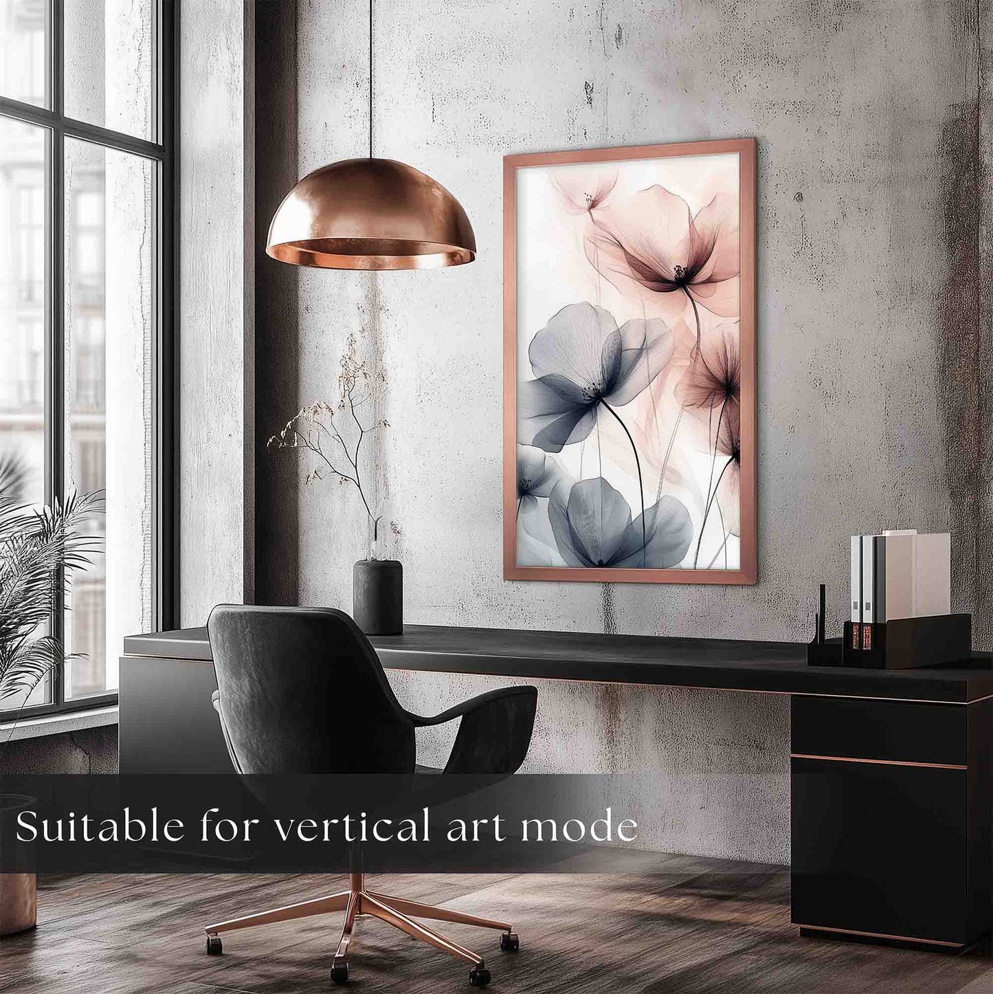 Copper metallic rose gold TV Frame for Samsung in rustic concrete modern home office with text "Suitable for vertical art mode".