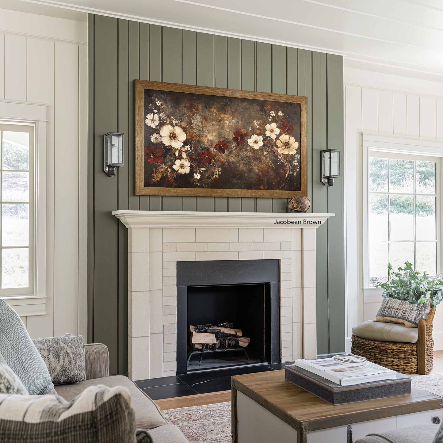 jacobean brown oak frame on the muted green wall in Farmhouse Living Room