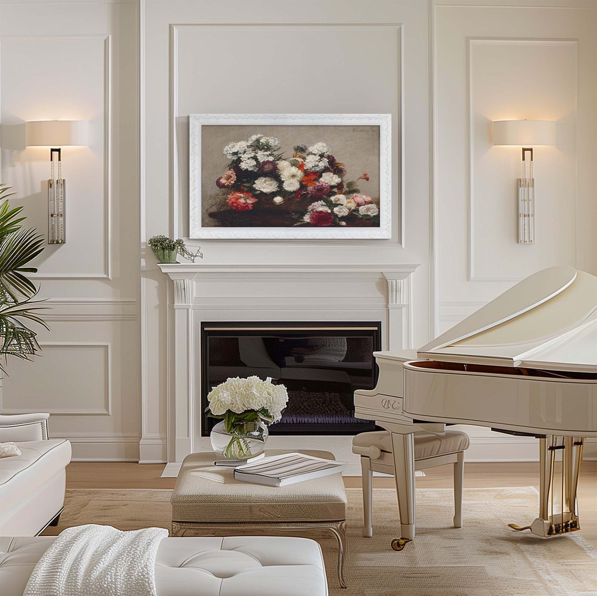Grand piano in a stylish living room with a fireplace and decorative elements, including a gorgeous pure white ornate tv frame 45 inch
