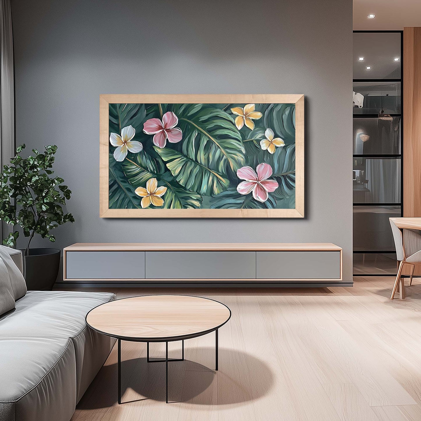 maple tv frame in gray modern living room interior, with natural maple wood flooring