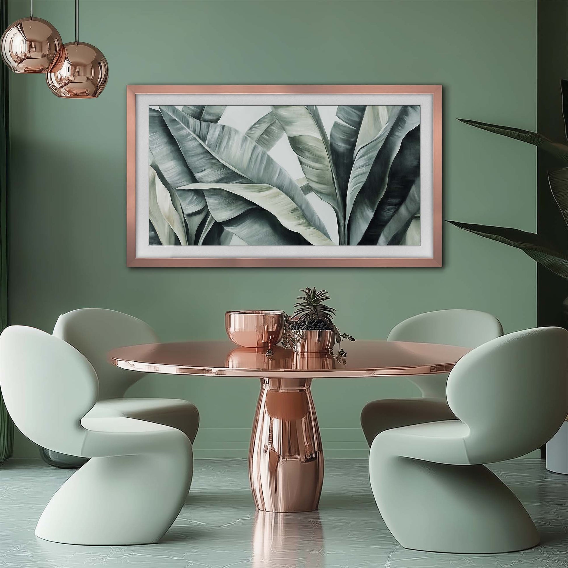 Copper rose gold metallic TV Frame in modern green sleek interior kitchen living room.