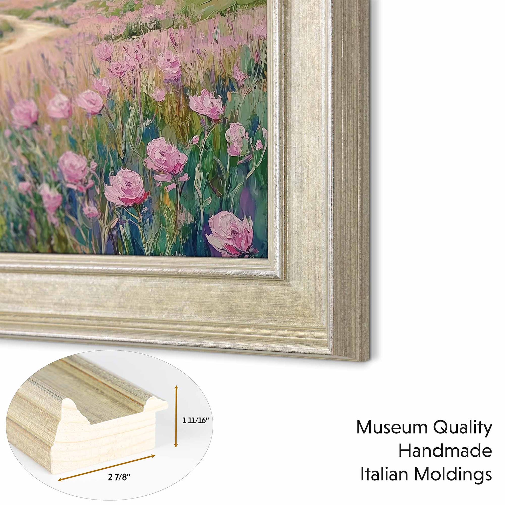 painted rose garden tv art, museum quality handmade italian moldings, champagne tv frame molding detail shot