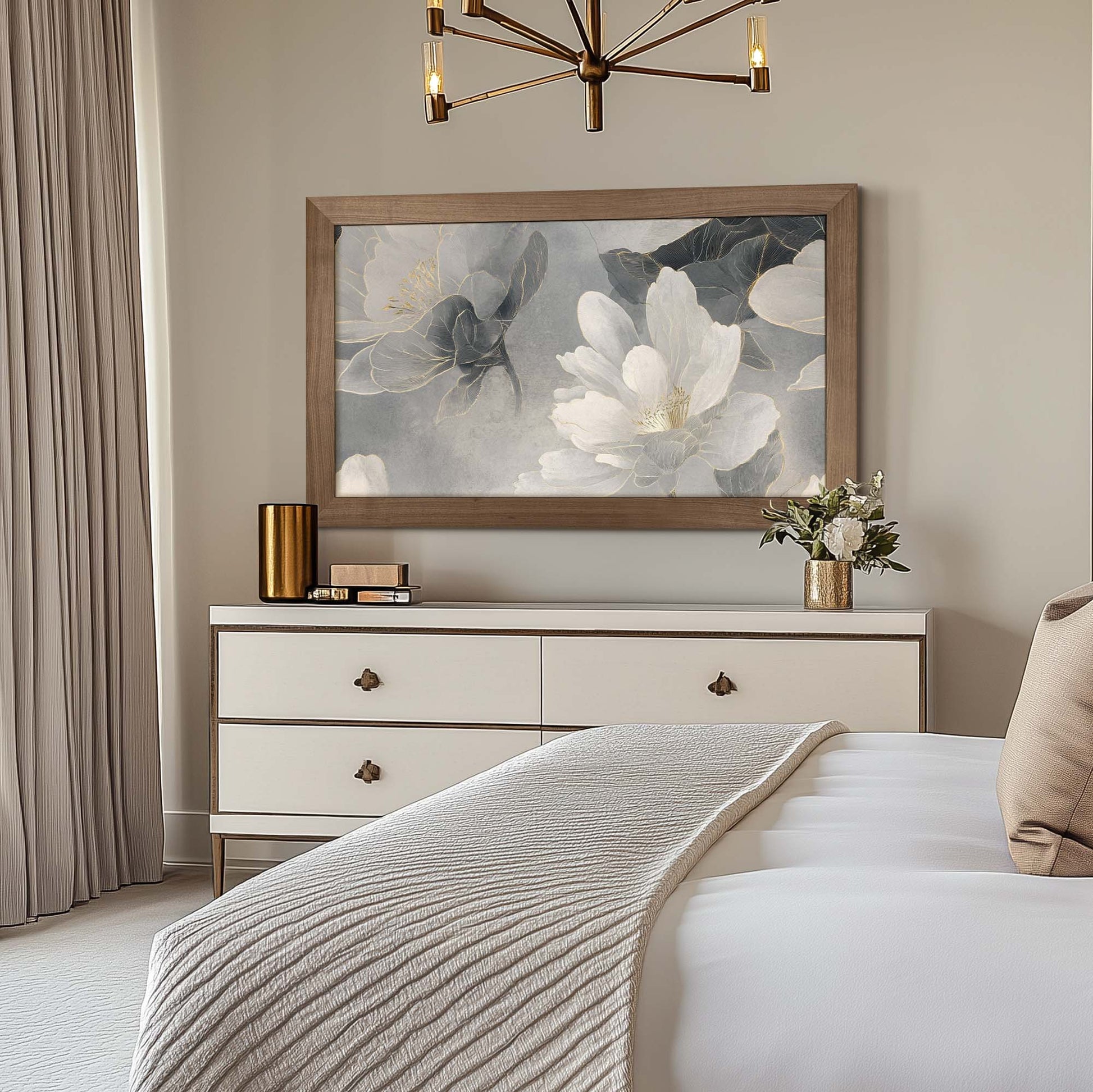 natural walnut frame above sideboard in Transitional Bedroom, Neutral colors