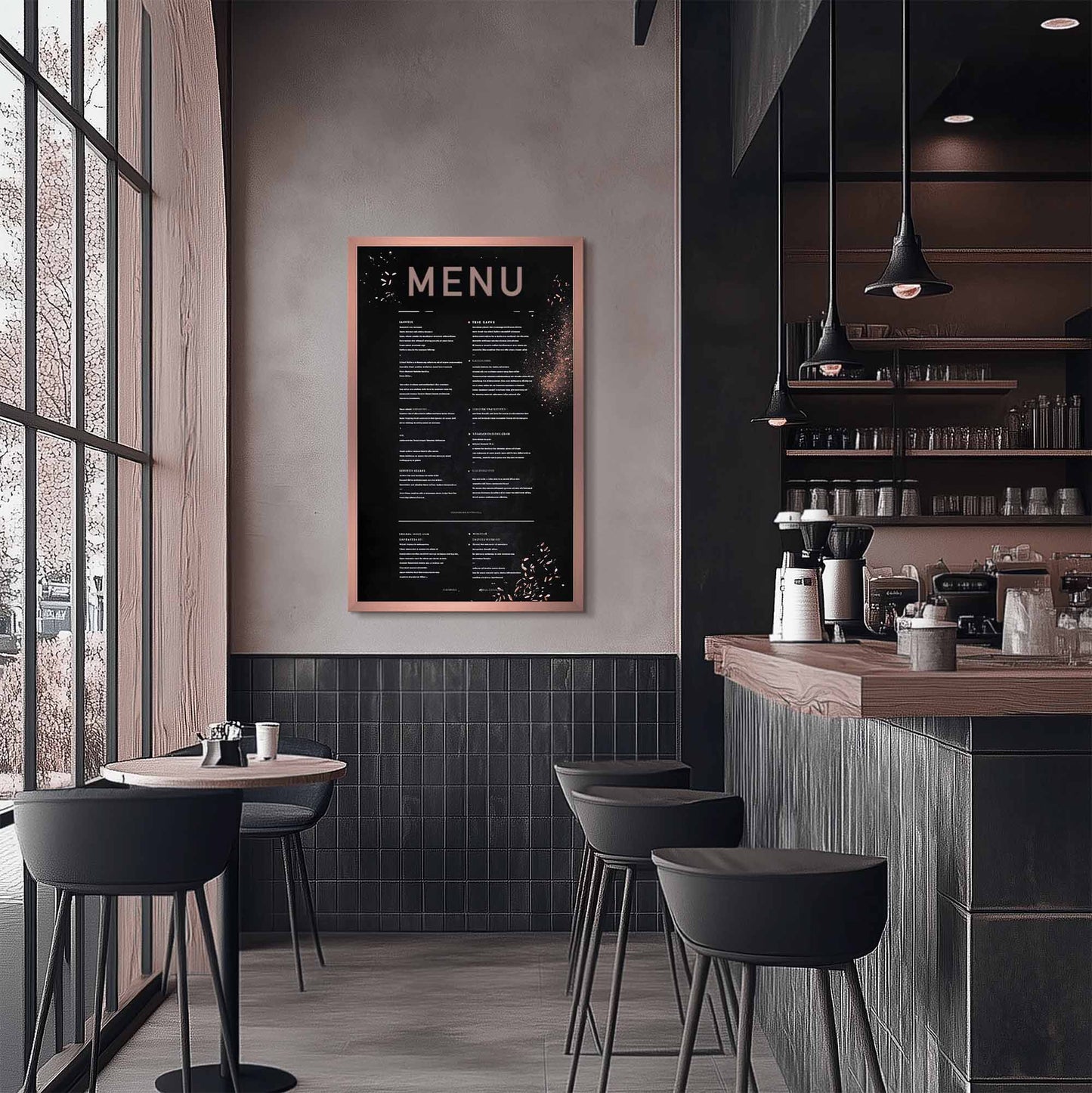 Copper rose gold vertical TV Frame as menu in a modern cute sleek cafe restaurant.