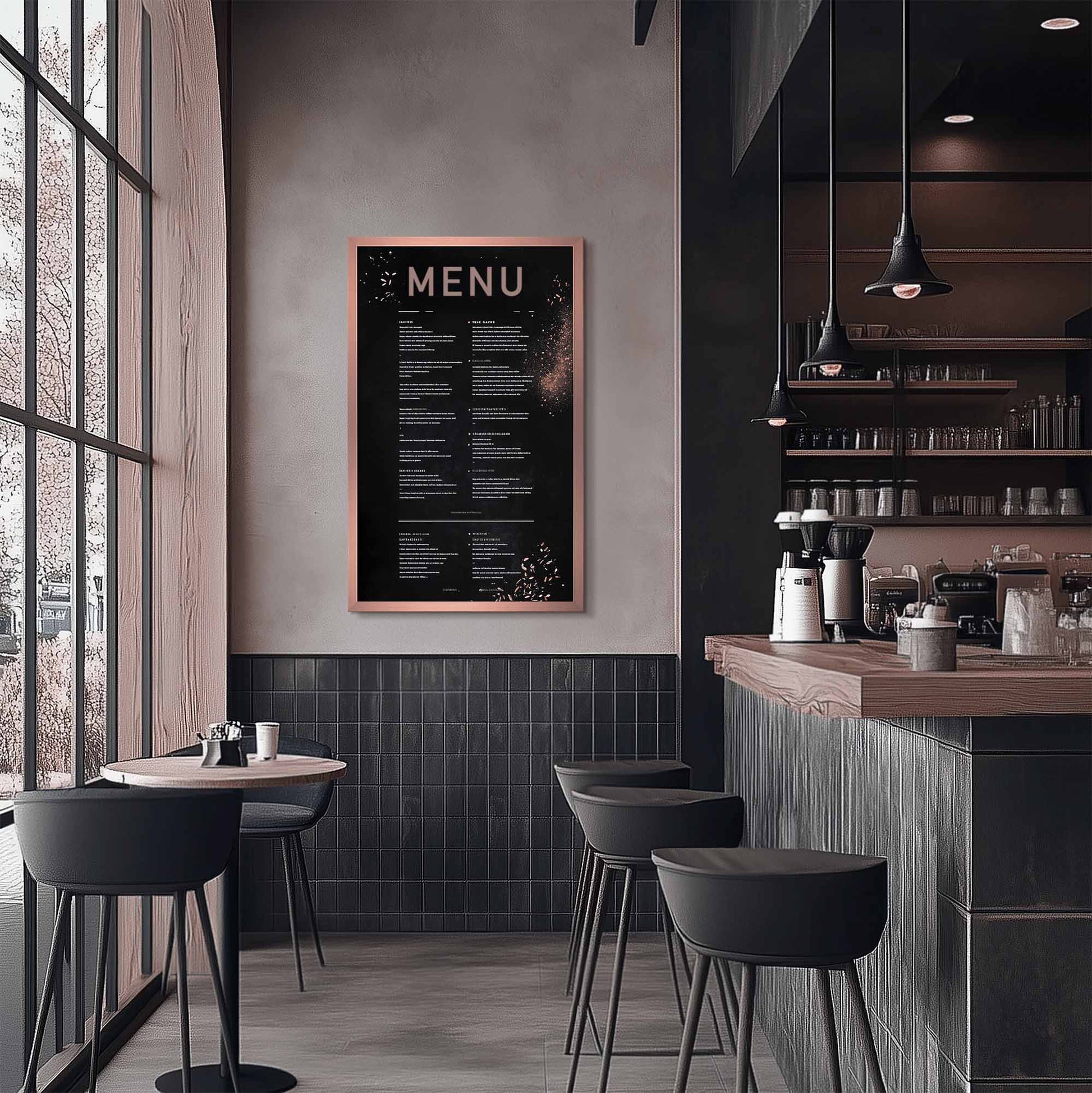 Copper rose gold vertical TV Frame as menu in a modern cute sleek cafe restaurant.