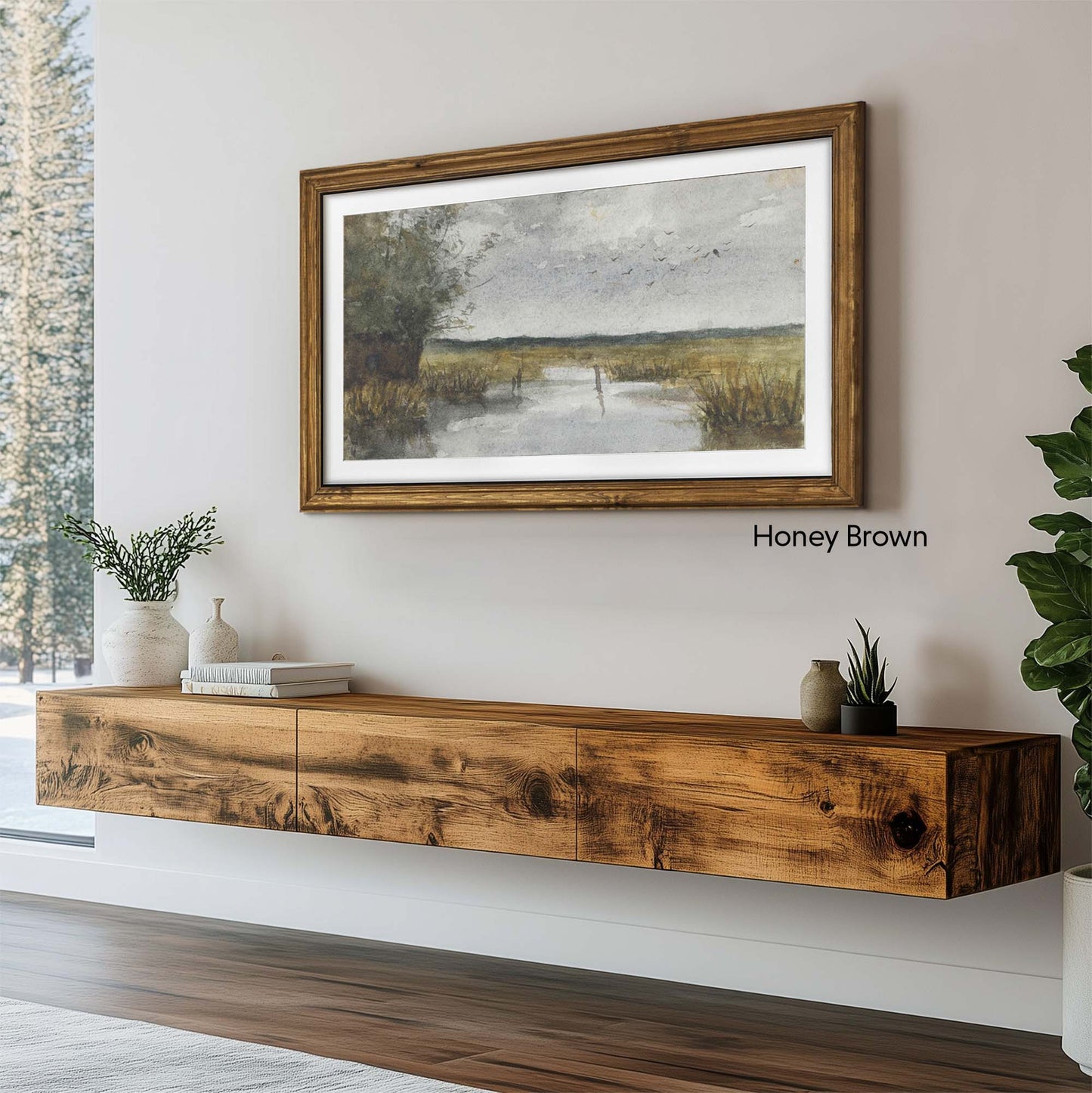 rustic brown tv frame above Eclan Rustic Brown Floating TV console in modern rustic interior design