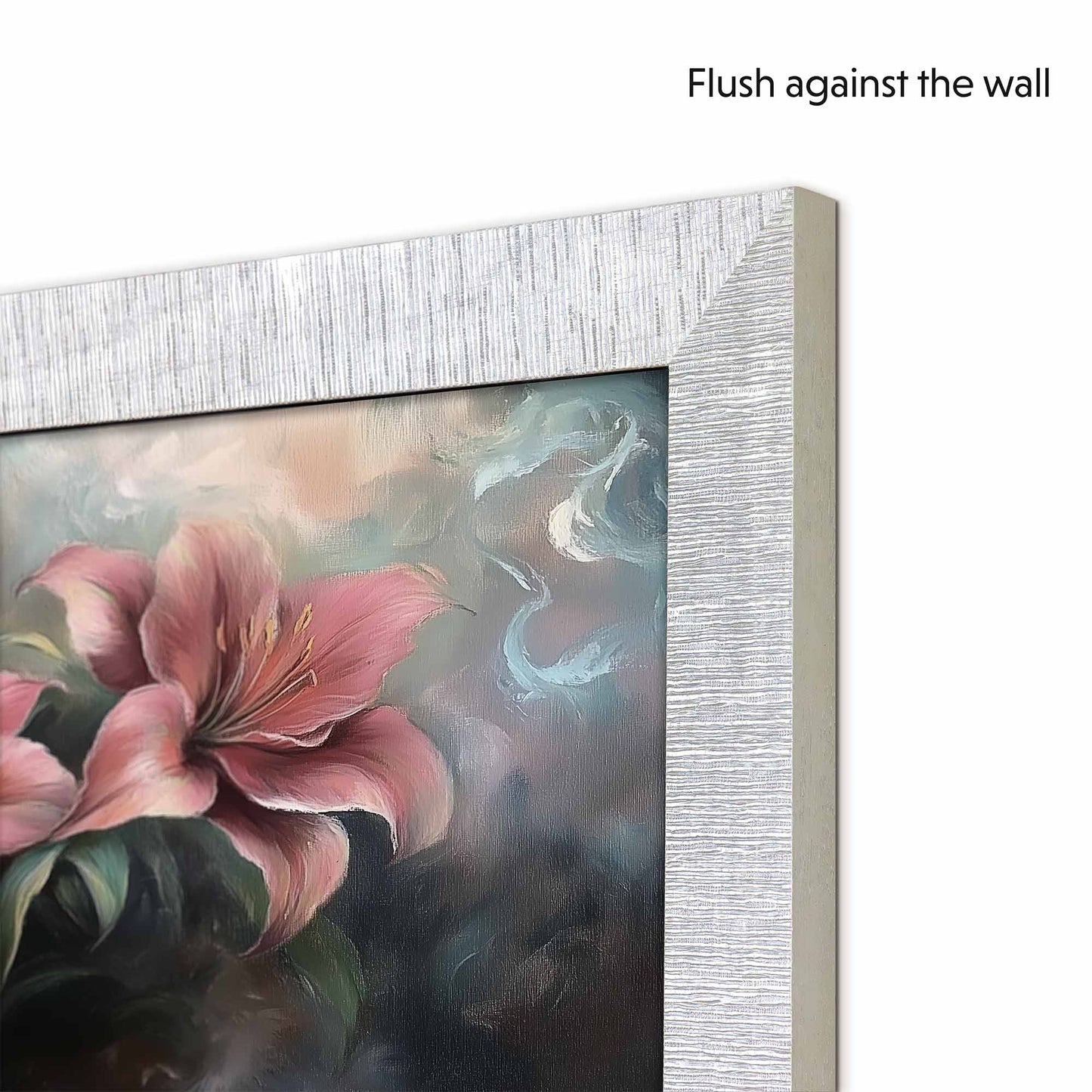 Floral painting with a textured white tv frame against a white wall.