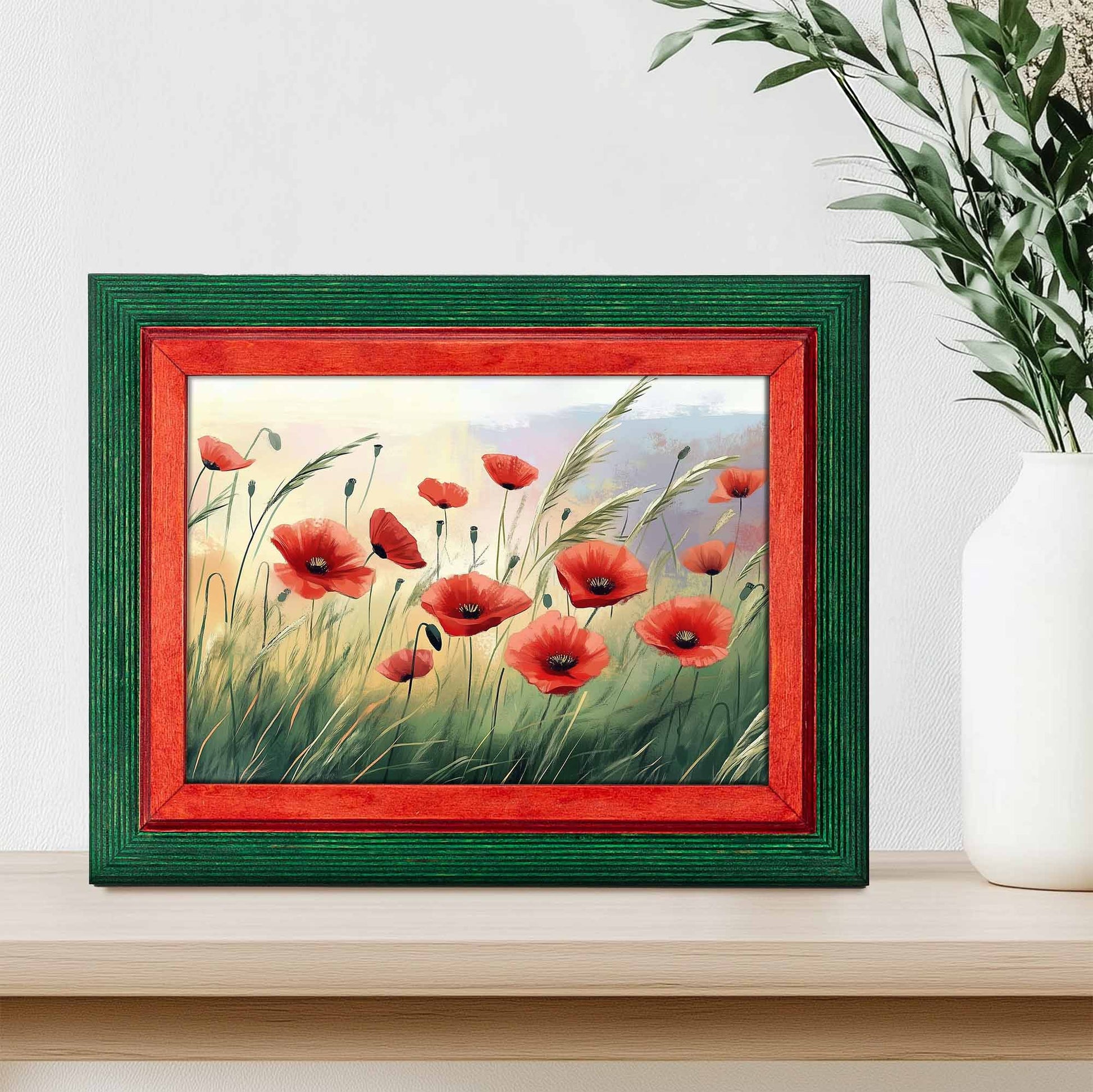 green and red picture frame, red picture frame, green picture frame, Christmas picture frame, poppy art, natural wood desk