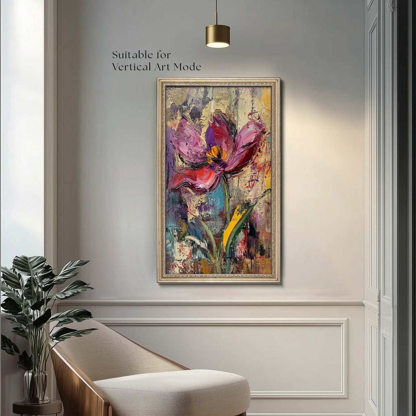 vertical art mode TV frame on the wall, above is picture light, modern traditional accent corner with plants