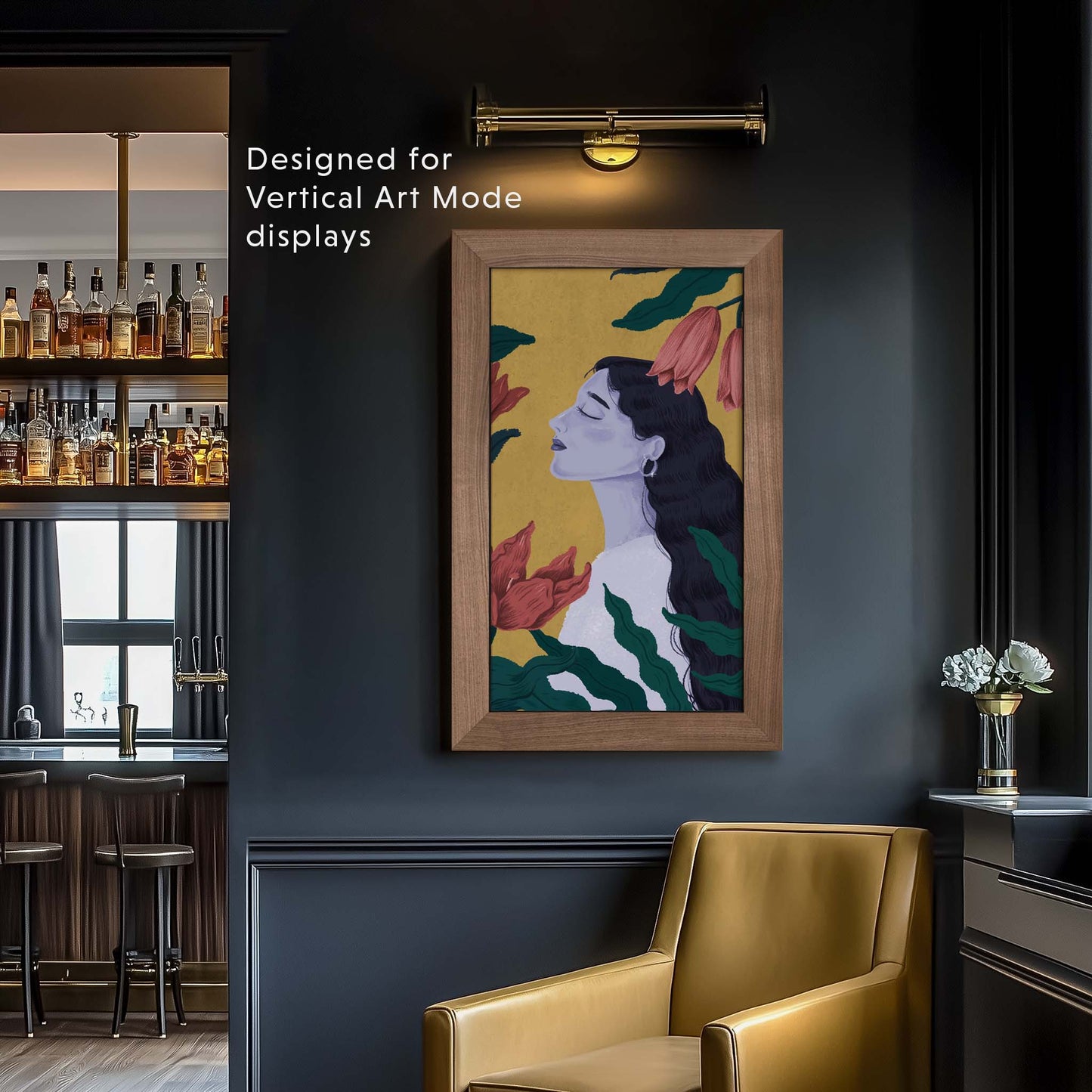 vertical art tv frame on the wall, above is picture light, moody traditional modern design