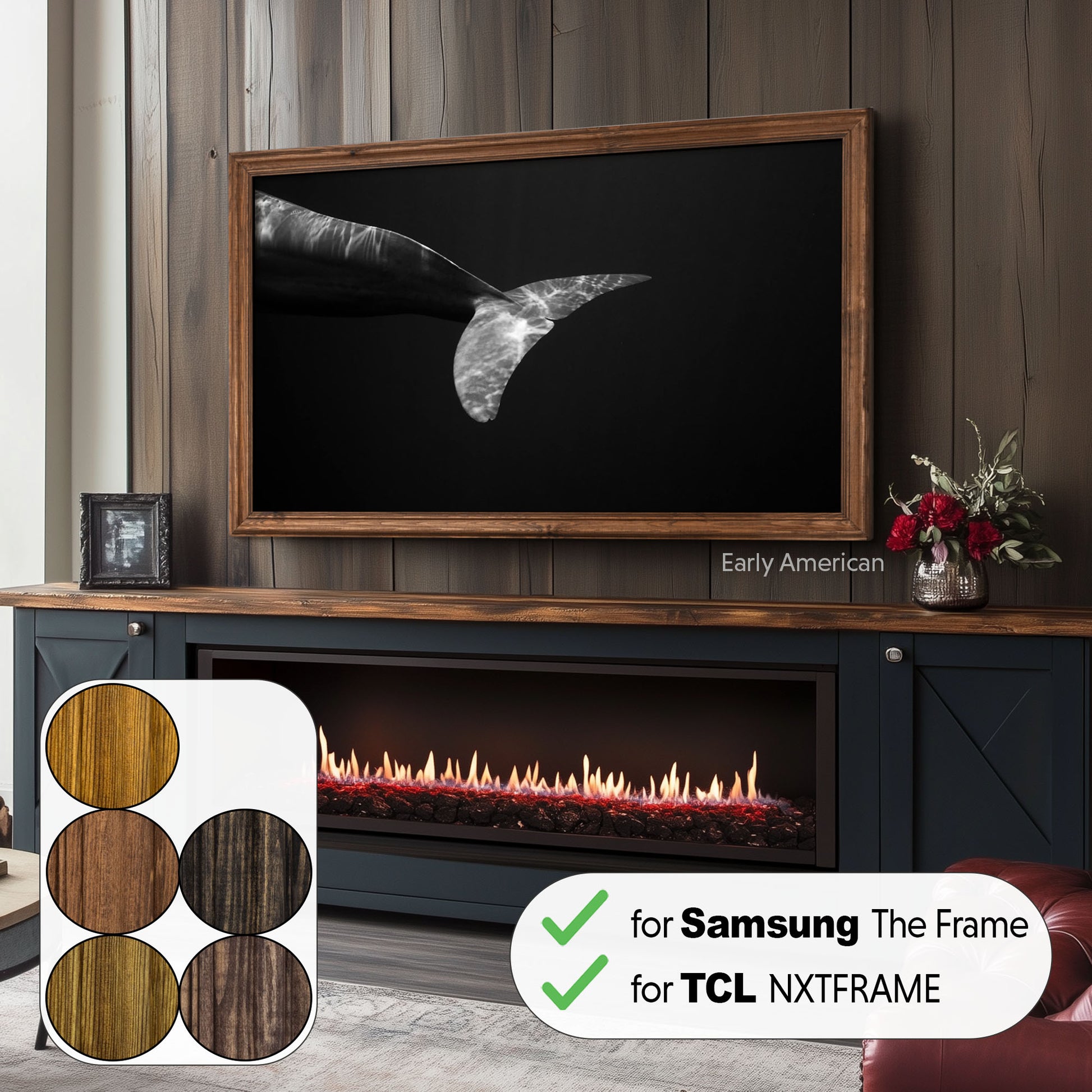 wall mounted light brown tv frame above Liberty Fireplace TV Stand in modern rustic interior design