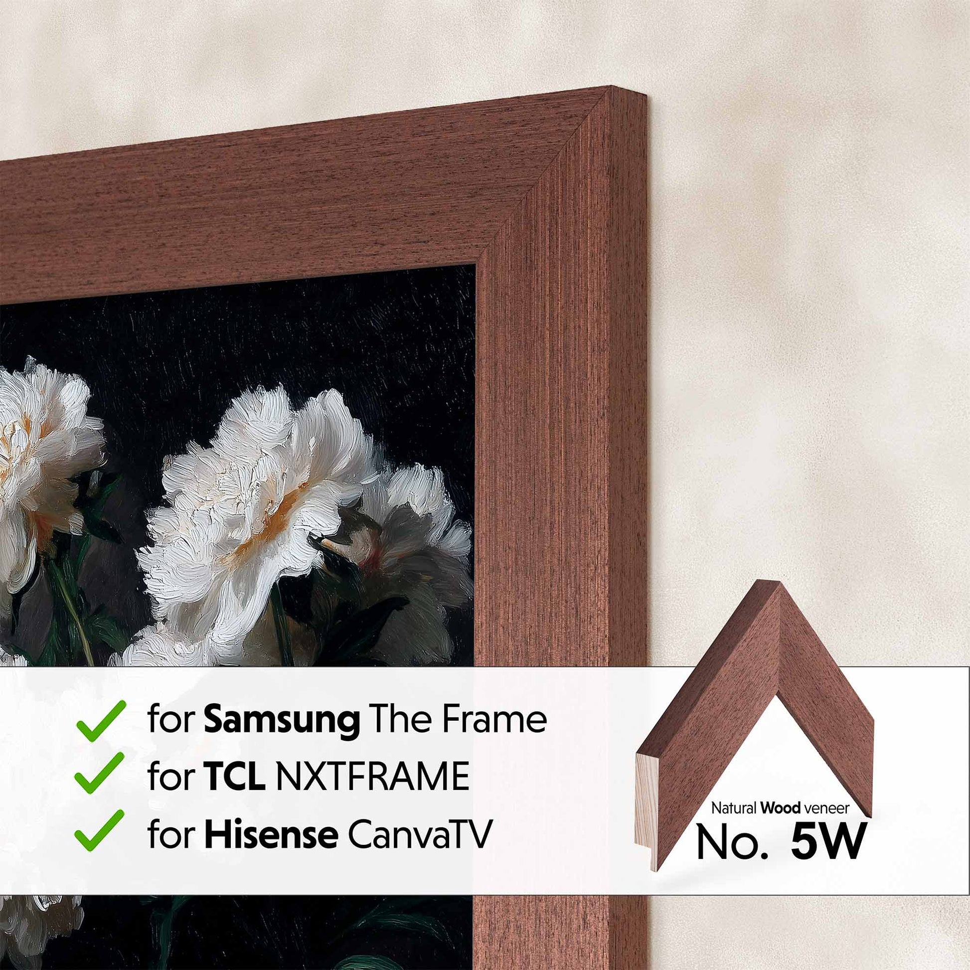 Wooden picture frame with a display of flowers, featuring compatibility with Samsung The Frame, TCL NXTFRAME, and Hisense CanvaTV.