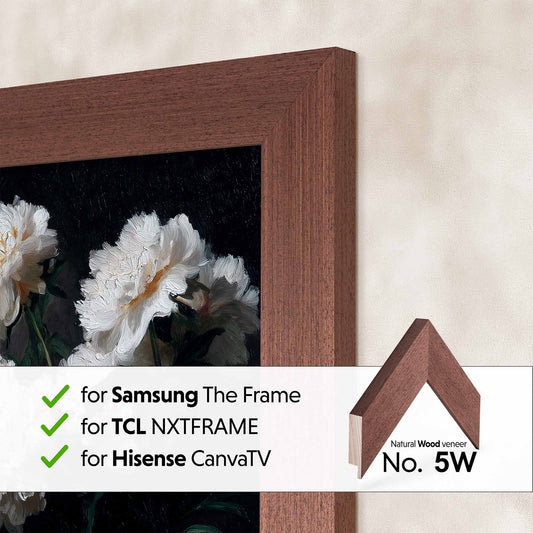 Wooden picture frame with a display of flowers, featuring compatibility with Samsung The Frame, TCL NXTFRAME, and Hisense CanvaTV.