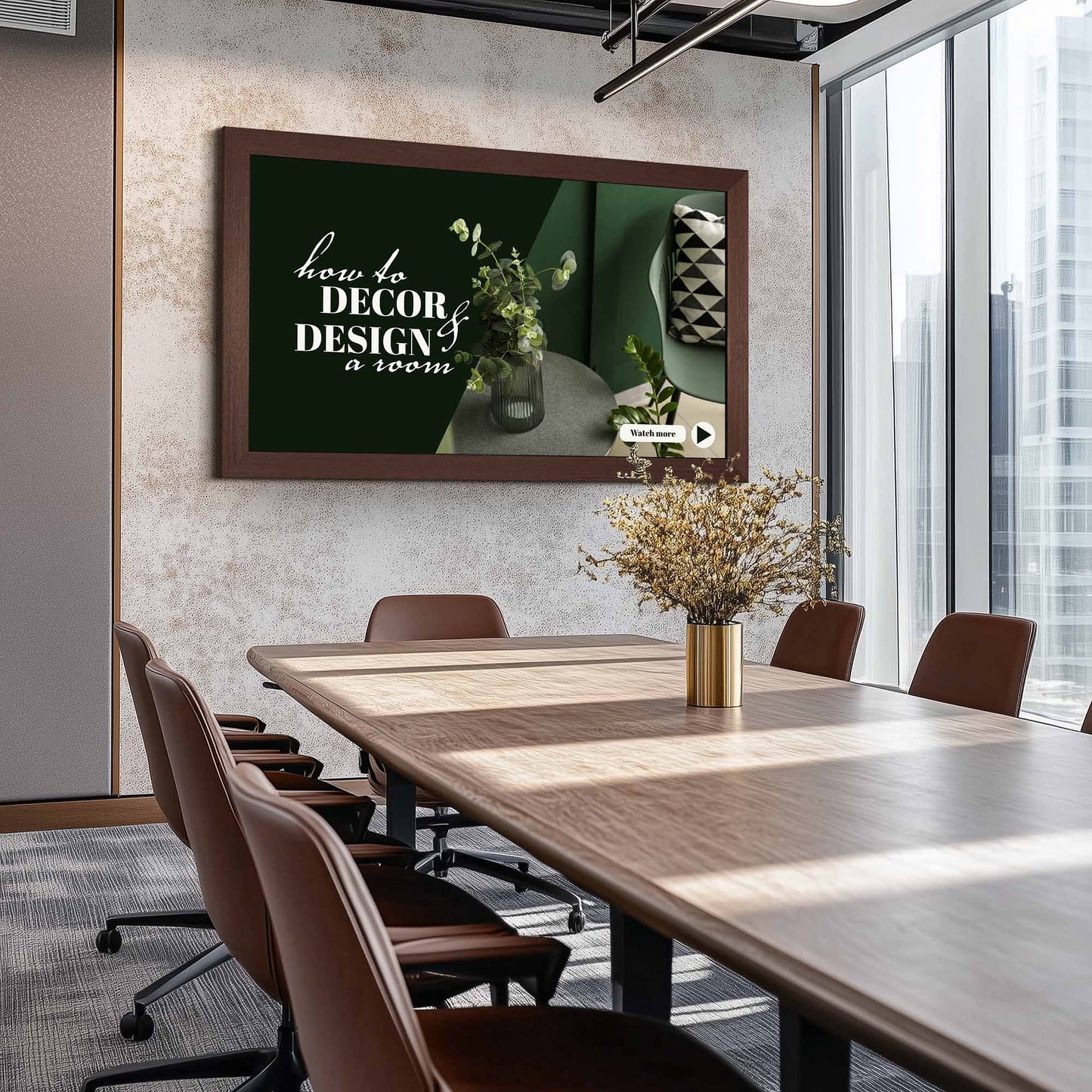 wenge wood tv frame on the wall in modern conference office room