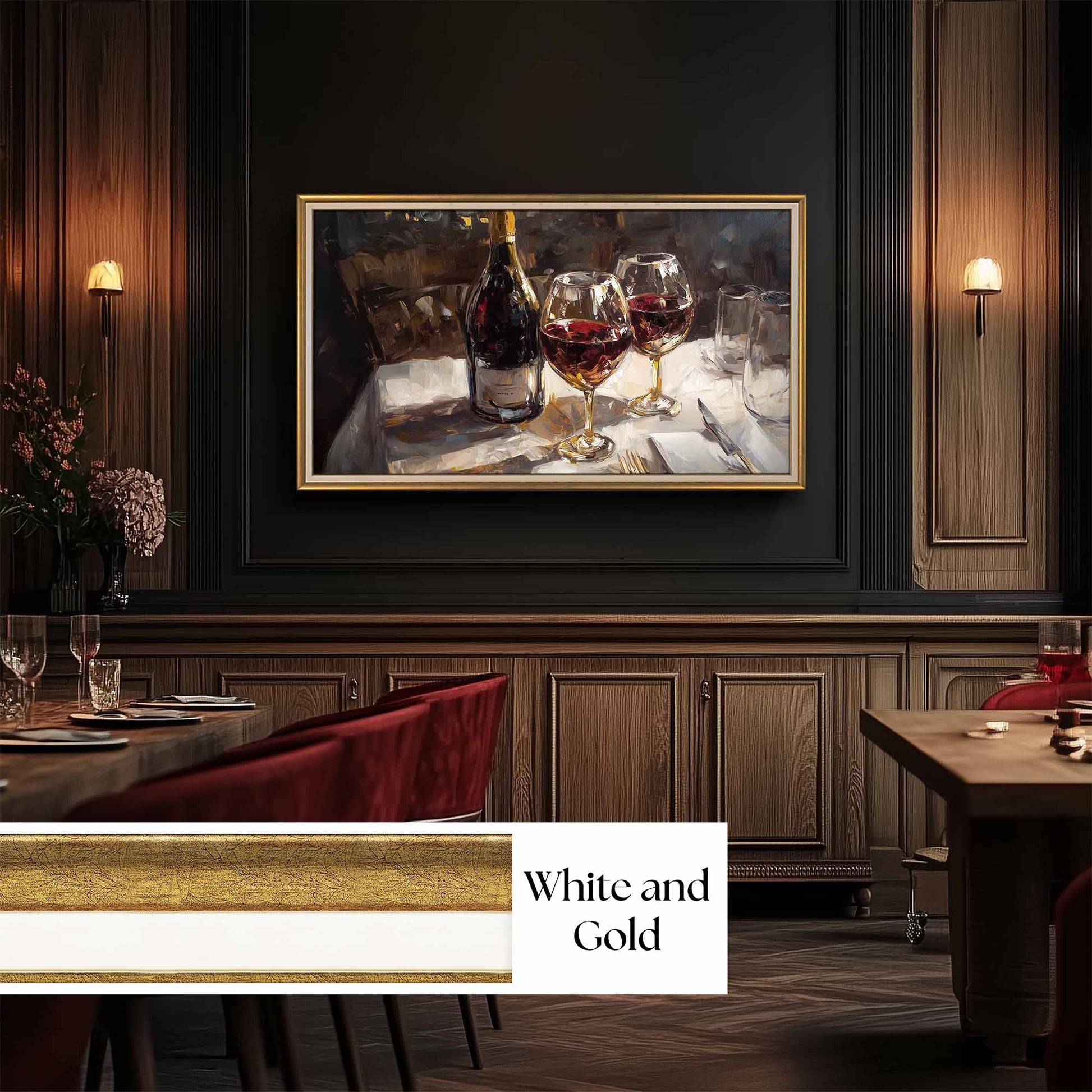 EVENTFRAME TV frame in gold and white in vintage interior with samples available