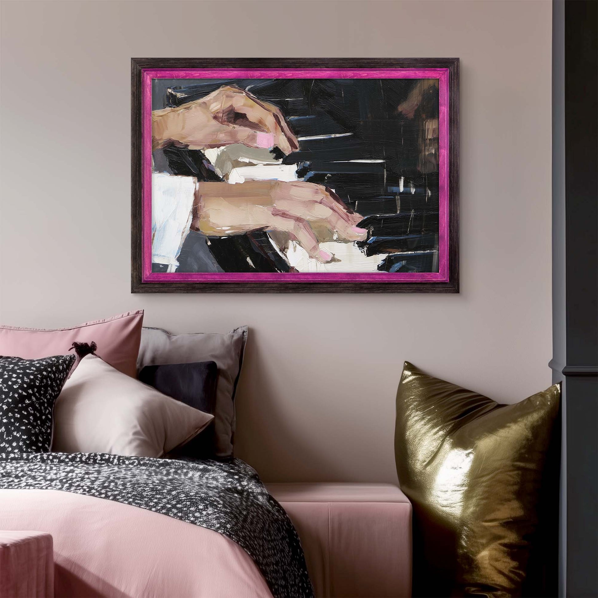 Framed artwork of hands playing a piano above a bed with decorative pillows. Wooden Black + Purple Picture Frame, Hand Painted Picture Frame, Custom Size Frames A5, A4, A3, A2, 4x6, 5x10, 10x12, 12x16, 18x24, 20x30