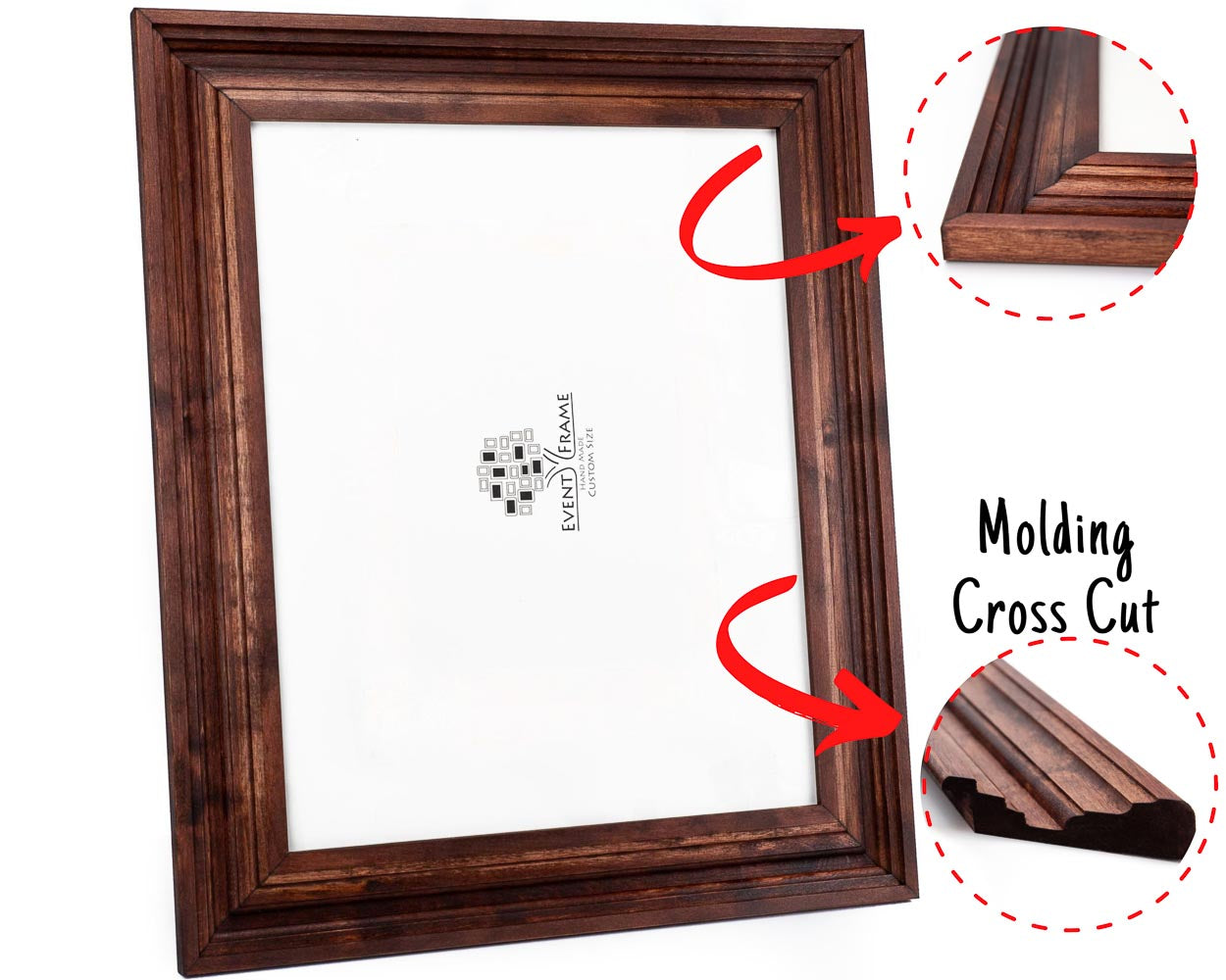 Details of a 3 inch wide picture frame in empire style from solid birch wood in warm brown stain color. Antique Wooden Artwork Frame, Empire Style Gallery Wall Frames, Deluxe Picture Frame, Custom Size Frame A1, A2, 9x12, 11x17, 12x18, 24x36