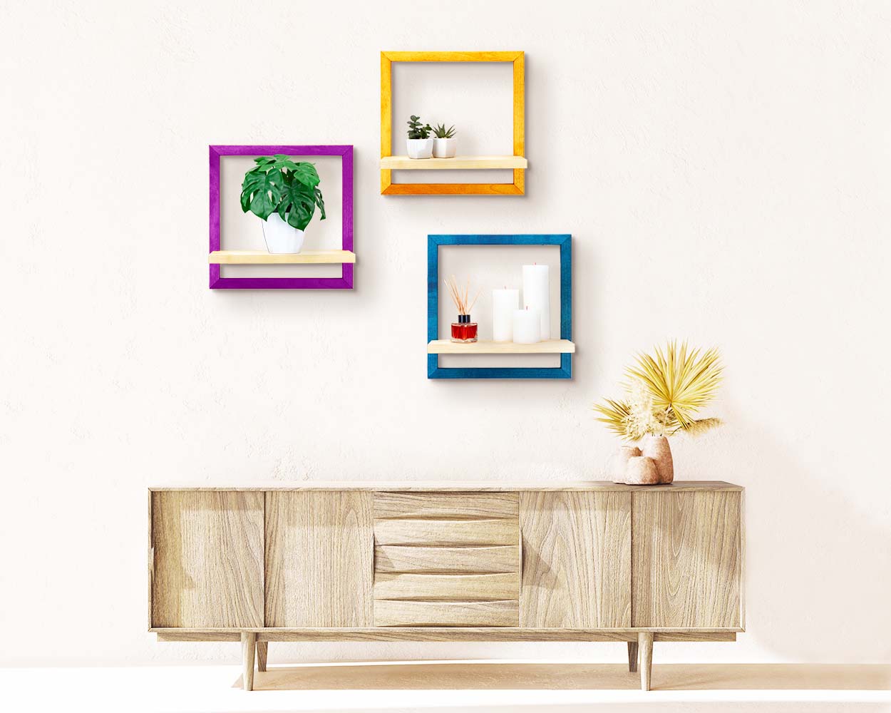 Colorful wooden quality floating shelves in custom colors and sizes, plant shelves.