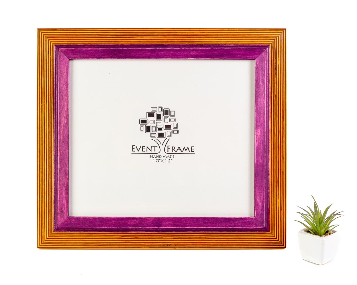 A double-colored picture frame with yellow and purple panels, constructed from wood, with a visible brand logo on the front.