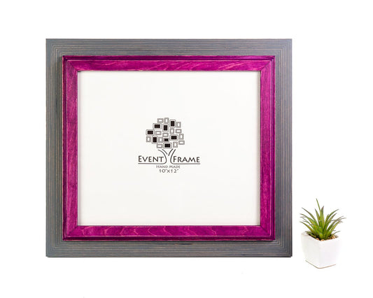 A photo frame with a grey and purple double color rustic design, made from Baltic Birch wood, with a white mat and a picture placeholder in the center, displayed against a white background with a small potted plant to the right. Grey + Purple Custom Frame, Wooden Handmade Picture Frame, Modern Art Frame, Any Size 8x10, 5x7, 5.8x8.3, 7x9, 8x8, 9x12, 12x18, 16x20 20x24
