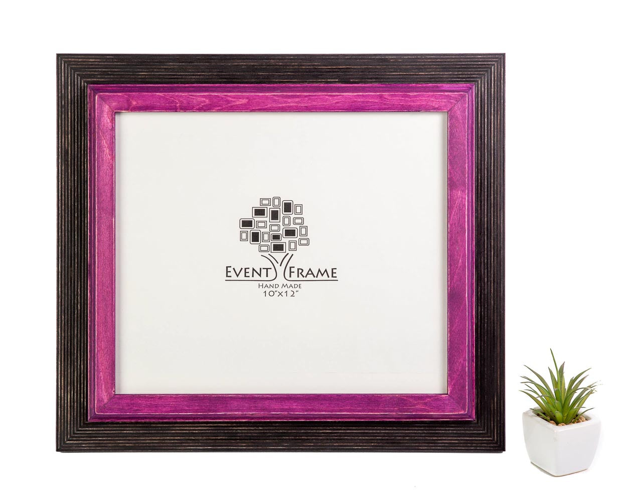 A black and purple double color rustic design picture frame with a white mat and a purple inner frame, displayed alongside a small potted plant. Wooden Black + Purple Picture Frame, Hand Painted Picture Frame, Custom Size Frames A5, A4, A3, A2, 4x6, 5x10, 10x12, 12x16, 18x24, 20x30