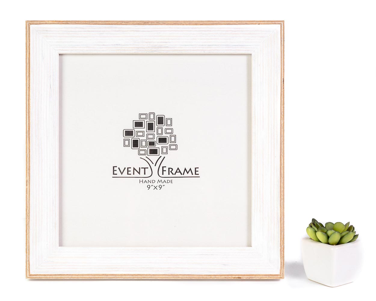 A classic white photo frame with a narrow border, displayed on a white background with a small 'EventFrame' logo in the center. A small potted plant is visible to the right of the frame.