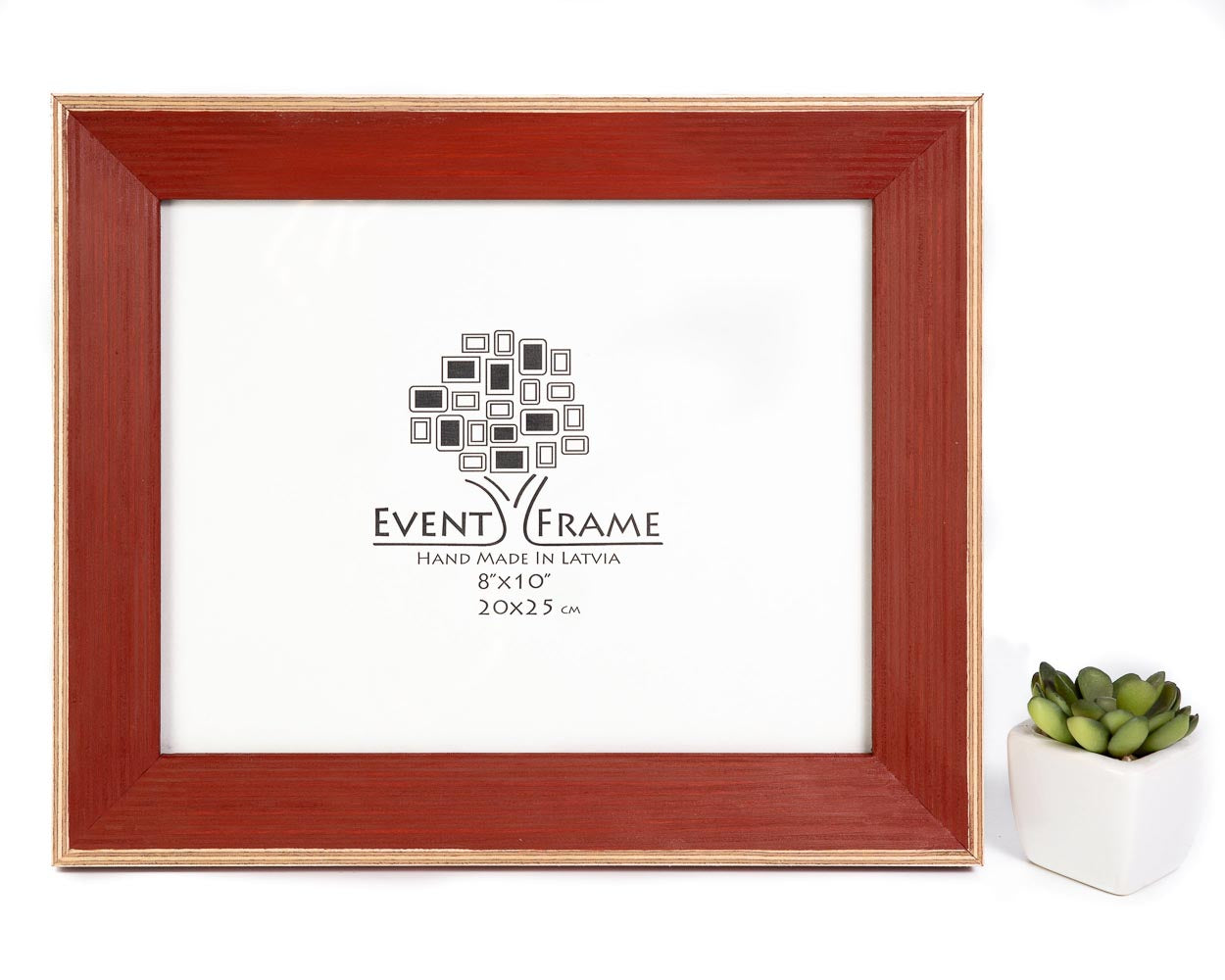 A dark red classic style solid birch hardwood picture frame with a white mat and a 'EventFrame' logo in the center. A small plant is placed to the bottom right of the frame. Wood Picture Frame, Hand Painted Artwork frames, Rustic Home Decor, Square 5x5 Photo Frame, Any Size A5 A4 4x6, 5x7, 8.5x11, 8x10, 8x12