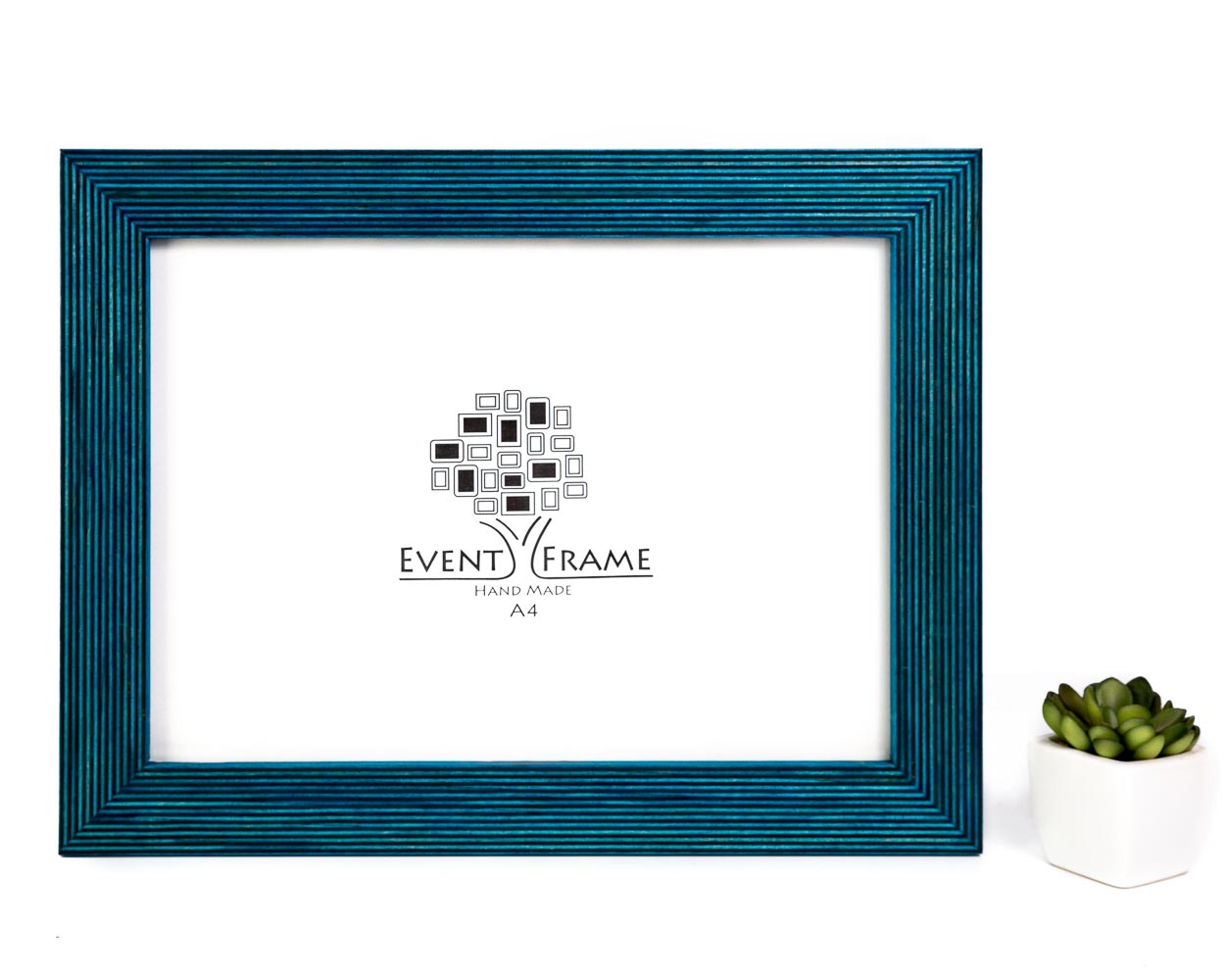 A blue solid birch hardwood picture frame with a unique stripy design, displayed with a white mat and a small potted plant to the side. Blue Photo Frame, Wood Picture Frame, Rustic Frame SIZES 4x4 4x6 5x5 5x7 5.5x8.5 6x6 6x8 7x7 A5 A4 A3 7x9 8x8 8x10 10x10 8x12 8.5x11 11x14