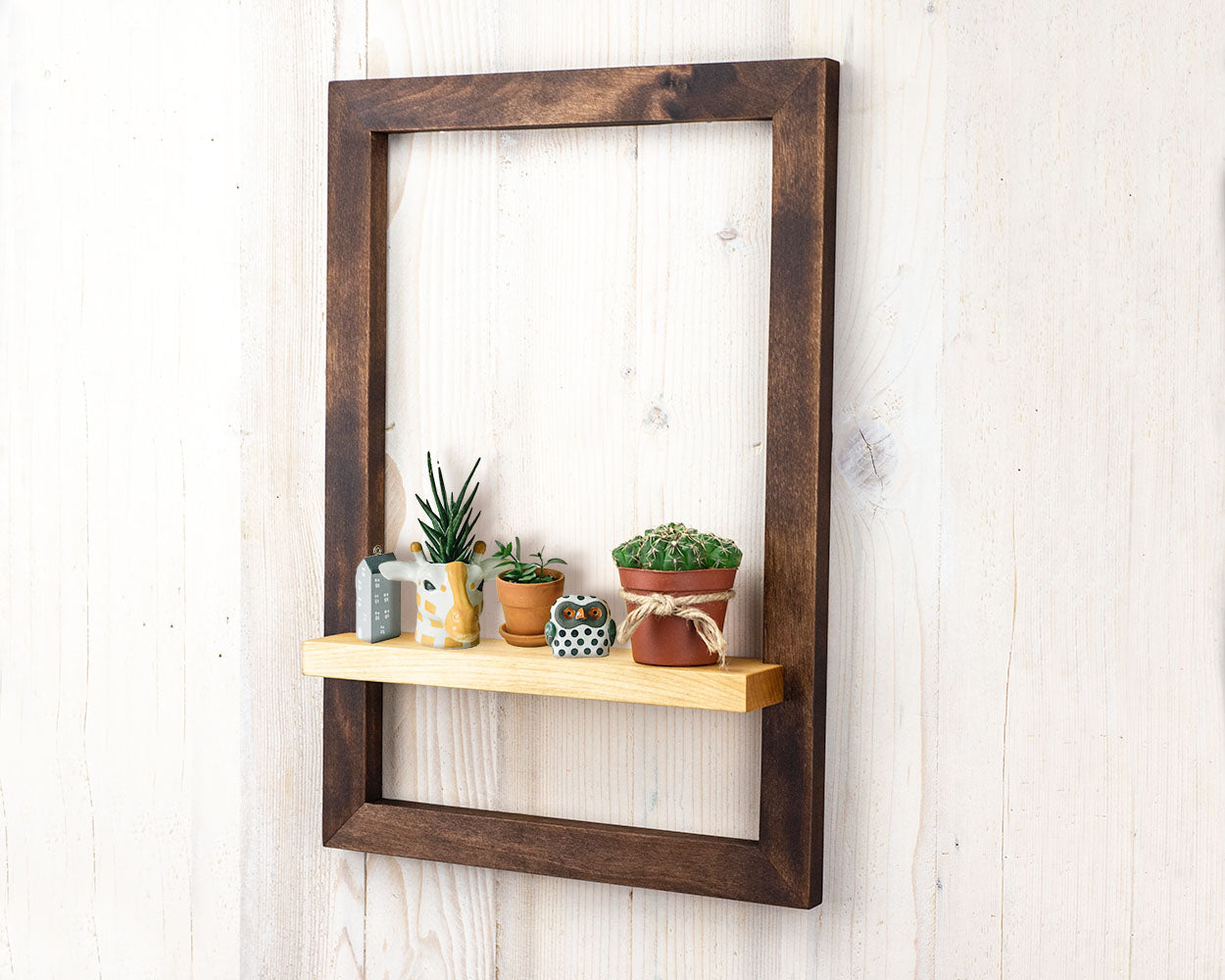 Dark brown solid wood custom size frame sheld for home decor plants, storage for bedroom or kitchen.