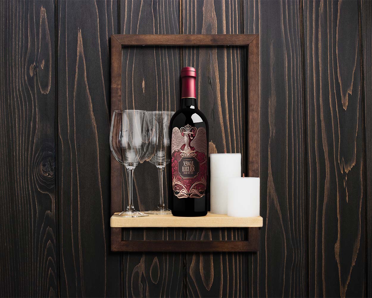 Dark brown wood framed shelf on the wall as home decor.