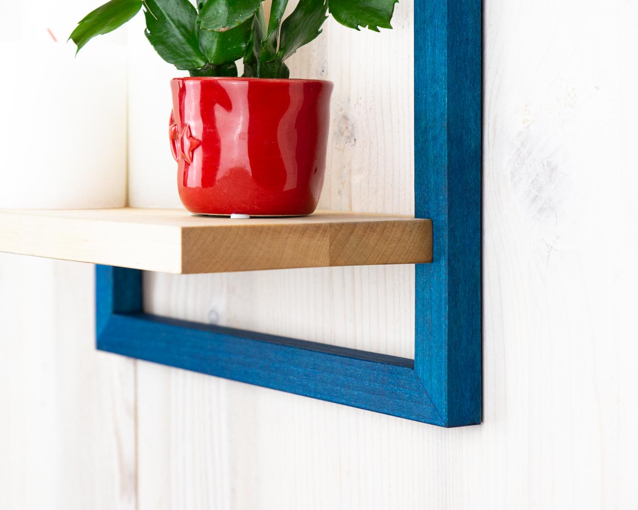 Blue wooden quality handcrafted framed shelf holding plant placed along a wall in home office.