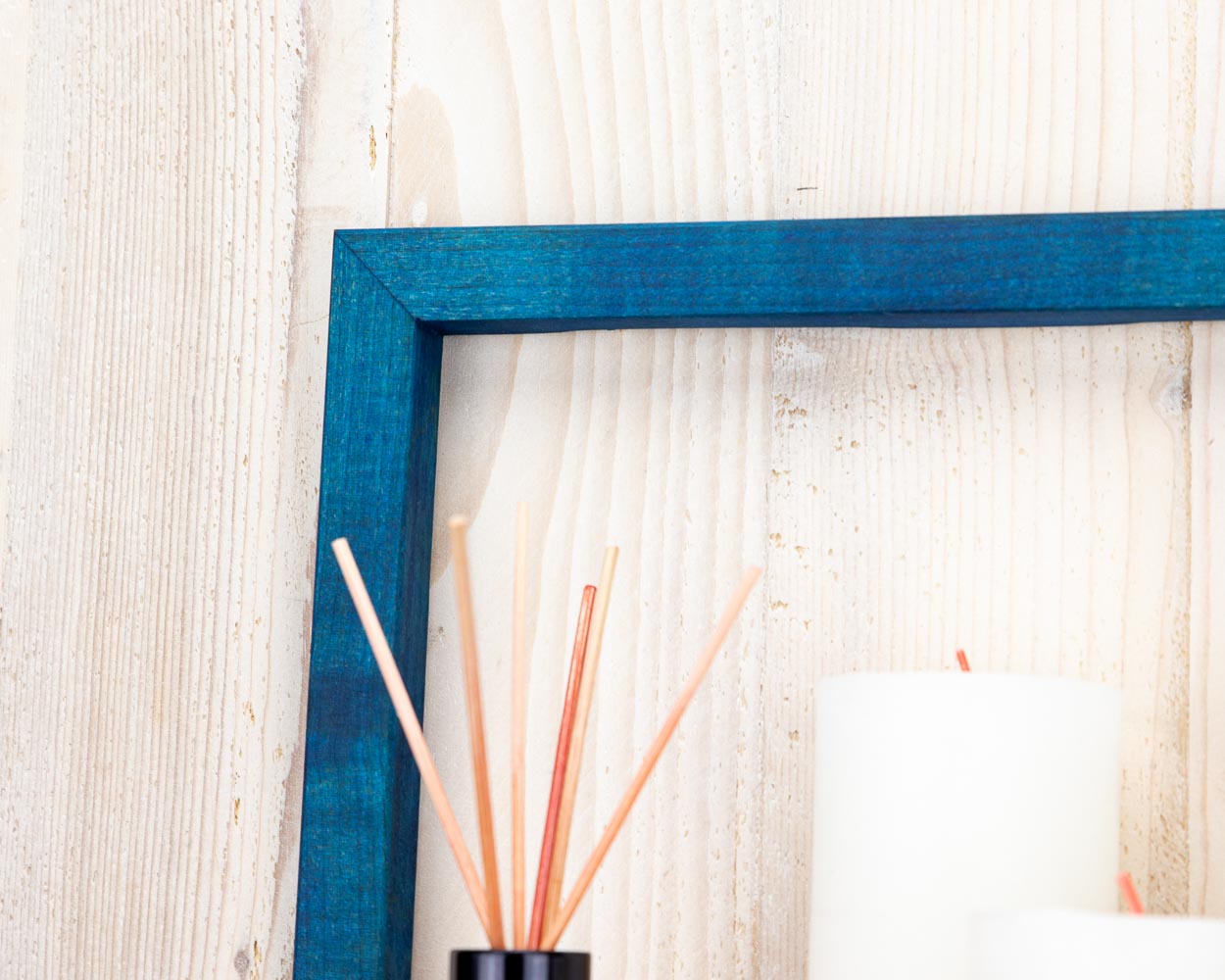 Blue handmade wooden home decor framed shelf storage solution for home and office.