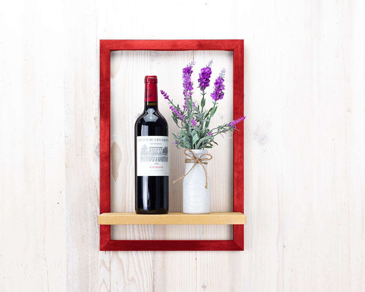 Red unique wooden shelf storage holding wine and flowers in custom colors and sizes.
