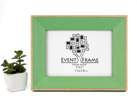 A light green classic style picture frame made of solid birch hardwood, displayed with a white mat and black border, on a white background. A small plant is also visible to the left of the frame.