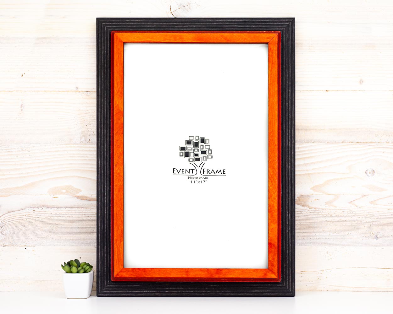 A vertical double black and orange picture frame with a white photo, displayed against a wooden background. Custom Wood Picture Frame, Black + Orange Colors, Rustic Photo Frame, SIZES 5x7, 8x10, A4, 9x11, A5, A3, 4x6, 20x30, 7x9, 16x20, 18x24, 8x12