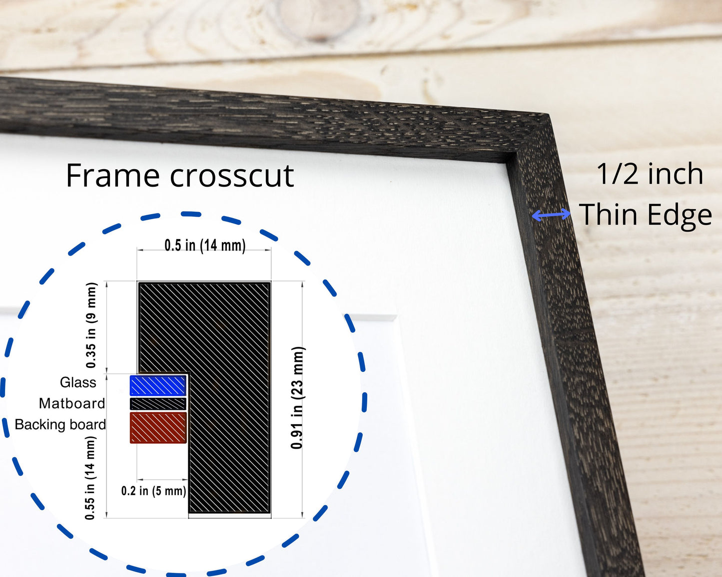 Super Slim Black Solid Oak Hardwood Photo Frame 1/2 Thin Edge