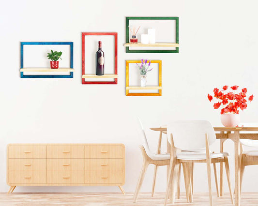Colorful wooden quality frames shelves storage unit for kitchen above dining table.