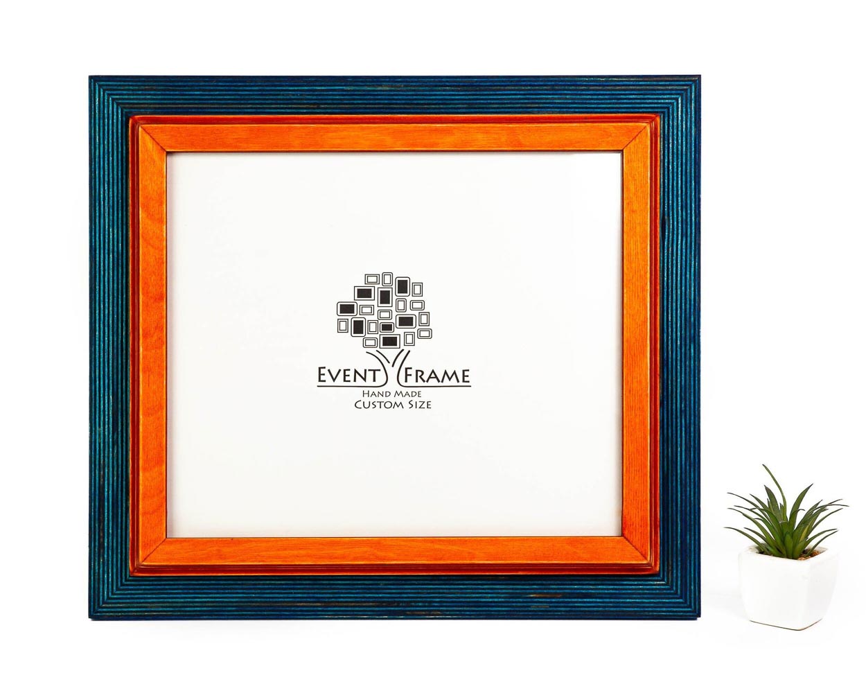 A double color rustic design photo frame with blue and orange panels, featuring the 'EventFrame' logo in the center. Blue + Orange Custom Frame, Wood Photo Frame, Poster Frame, ANY SIZES - 5x7 6x6 6x8 8x8 8x10 8x12 8.5x11 11x14 11x17 12x18 18x24 16x20 A4 A3