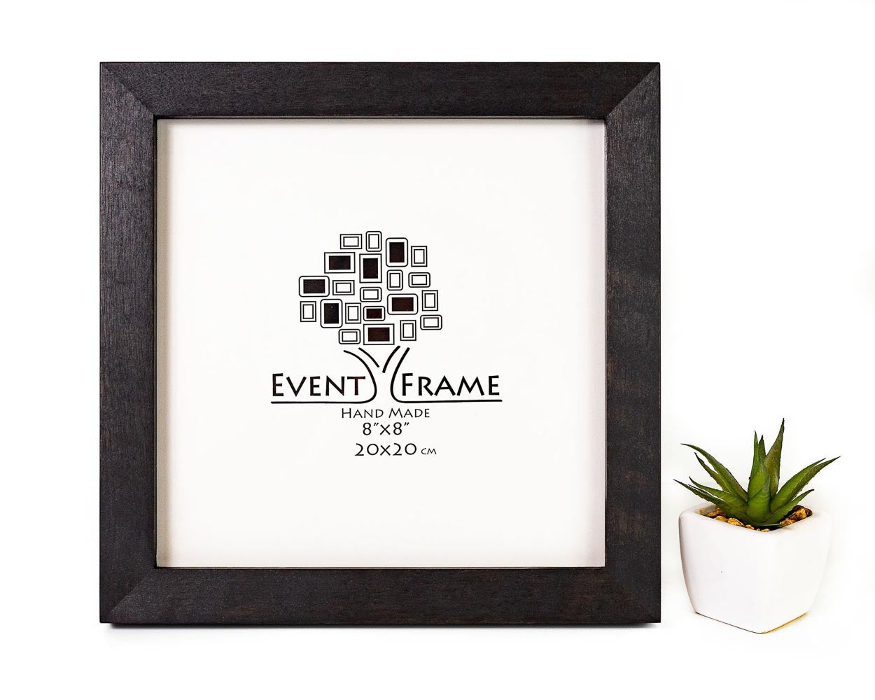 A black modern design photo frame made of solid birch hardwood, with a stain finish. The frame has a visible brand logo 'EventFrame' and indicates it can hold artwork up to 20x20 inches. Black Color Birch Picture for Wall Art, Molding Width 23 mm, Custom Picture Frame A2, A3, A4, 8x10, 8.5x11, 9x12, 11x14, 11x17, 18x20, 16x20