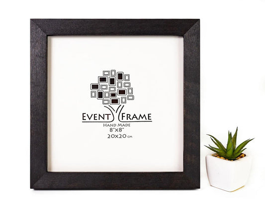 A black modern design photo frame made of solid birch hardwood, with a stain finish. The frame has a visible brand logo 'EventFrame' and indicates it can hold artwork up to 20x20 inches. Black Color Birch Picture for Wall Art, Molding Width 23 mm, Custom Picture Frame A2, A3, A4, 8x10, 8.5x11, 9x12, 11x14, 11x17, 18x20, 16x20