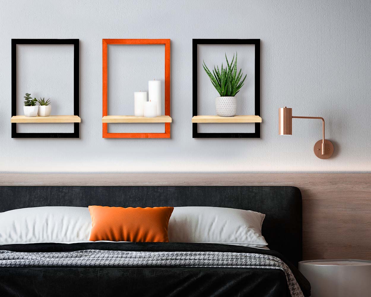 Colorful orange black wooden custom size quality handmade framed shelves unique idea in bedroom.