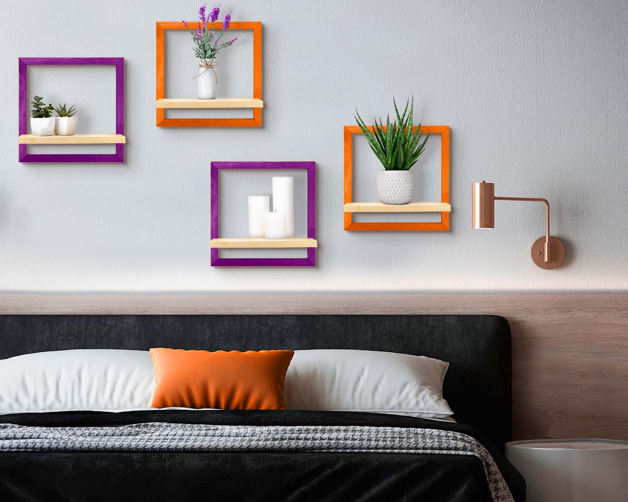 Square floating wooden colorful shelves for bedroom cozy home interior.