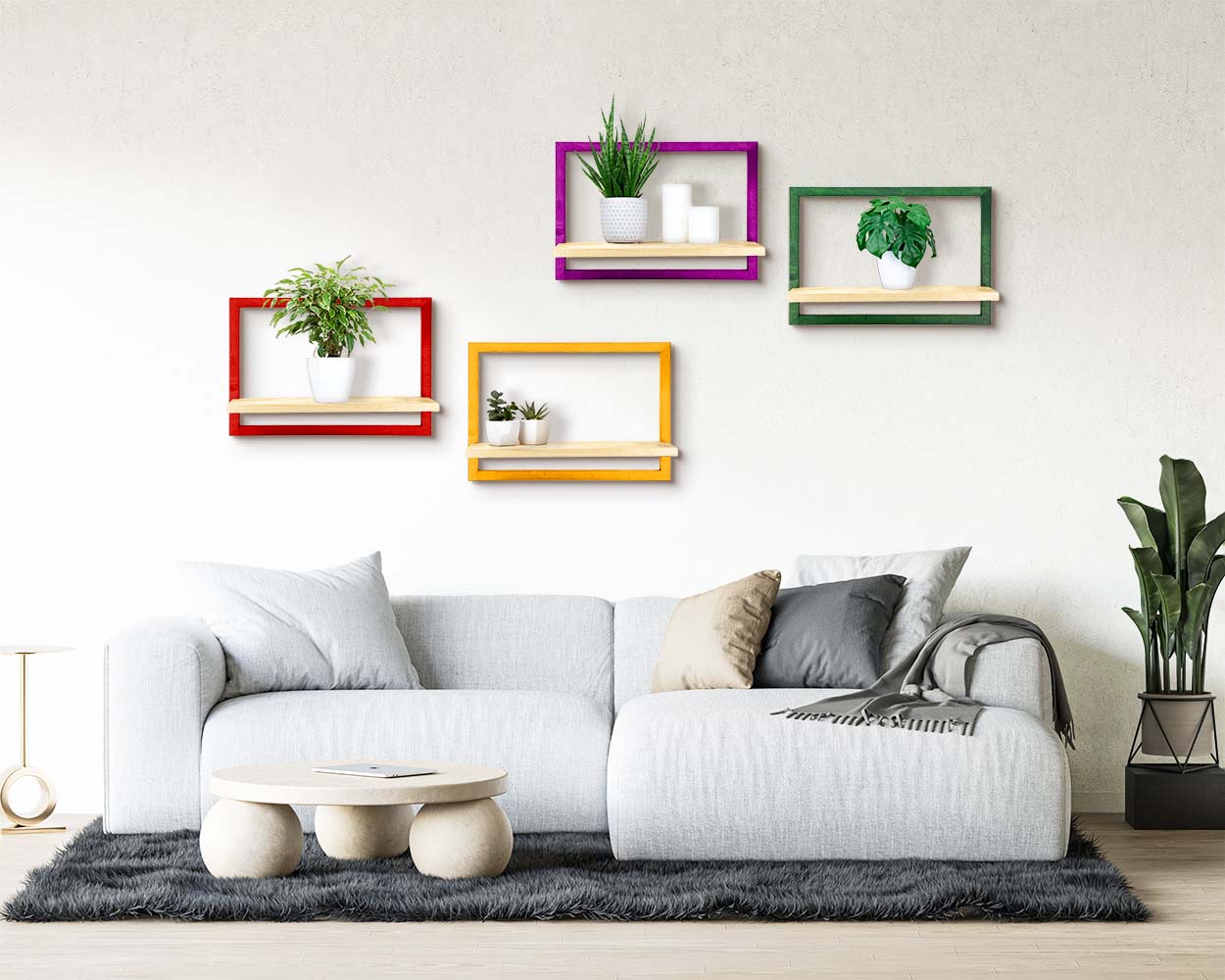 Modern home decor wooden quality framed shelves in custom colors and sizes in cozy simple interior.
