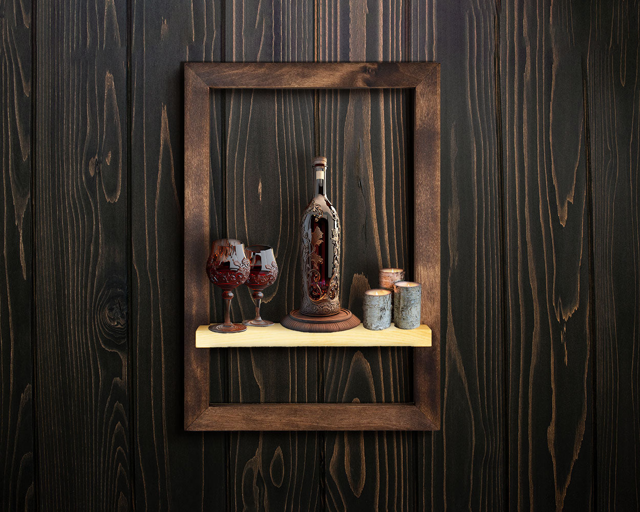Dark brown wood framed shelf storage, floating shelf gift idea.